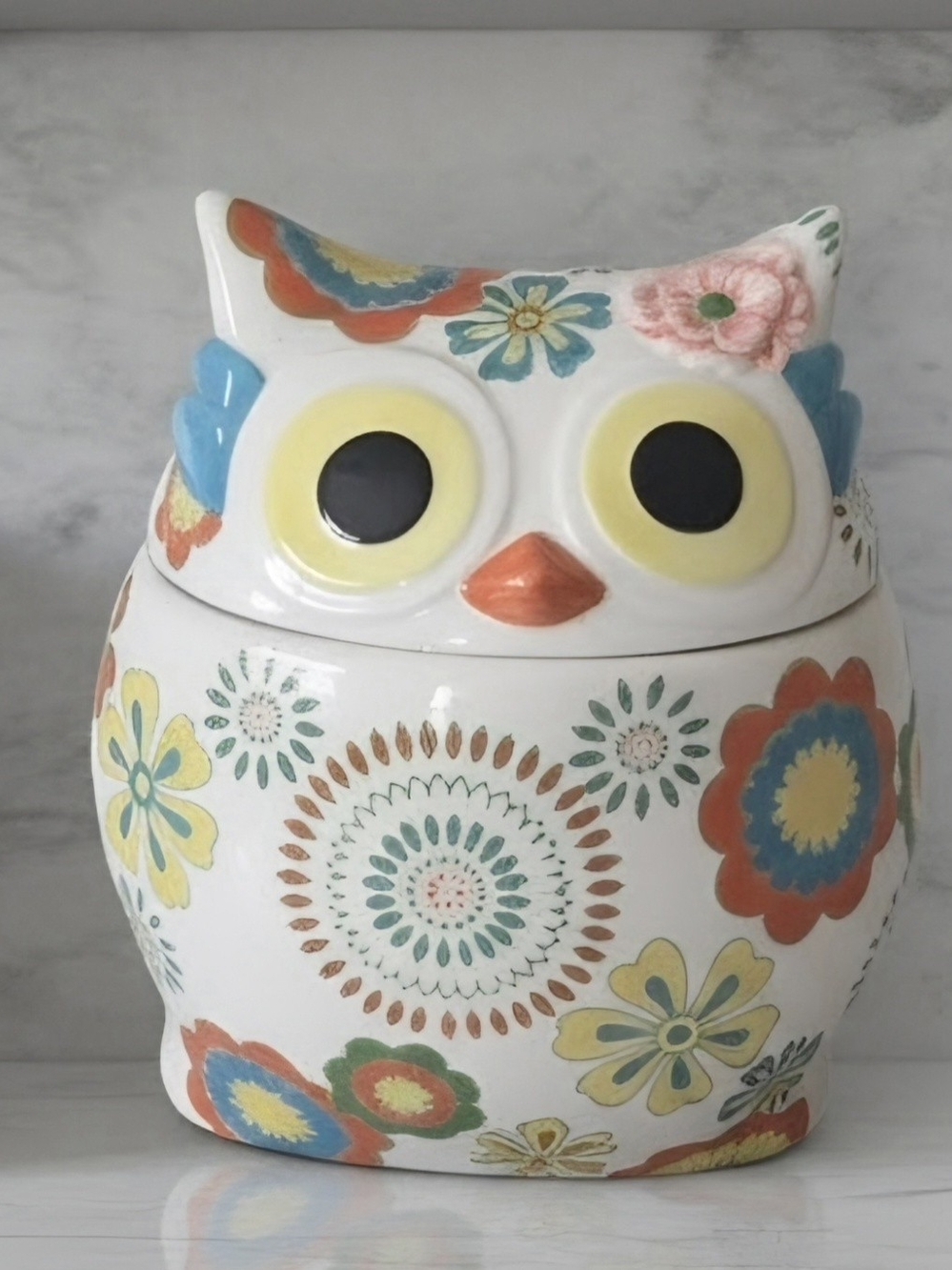 Pier 1 Imports Retro Owl Cookie Stoneware Jar w/ Lid Yellow, Blue Orange RETIRED